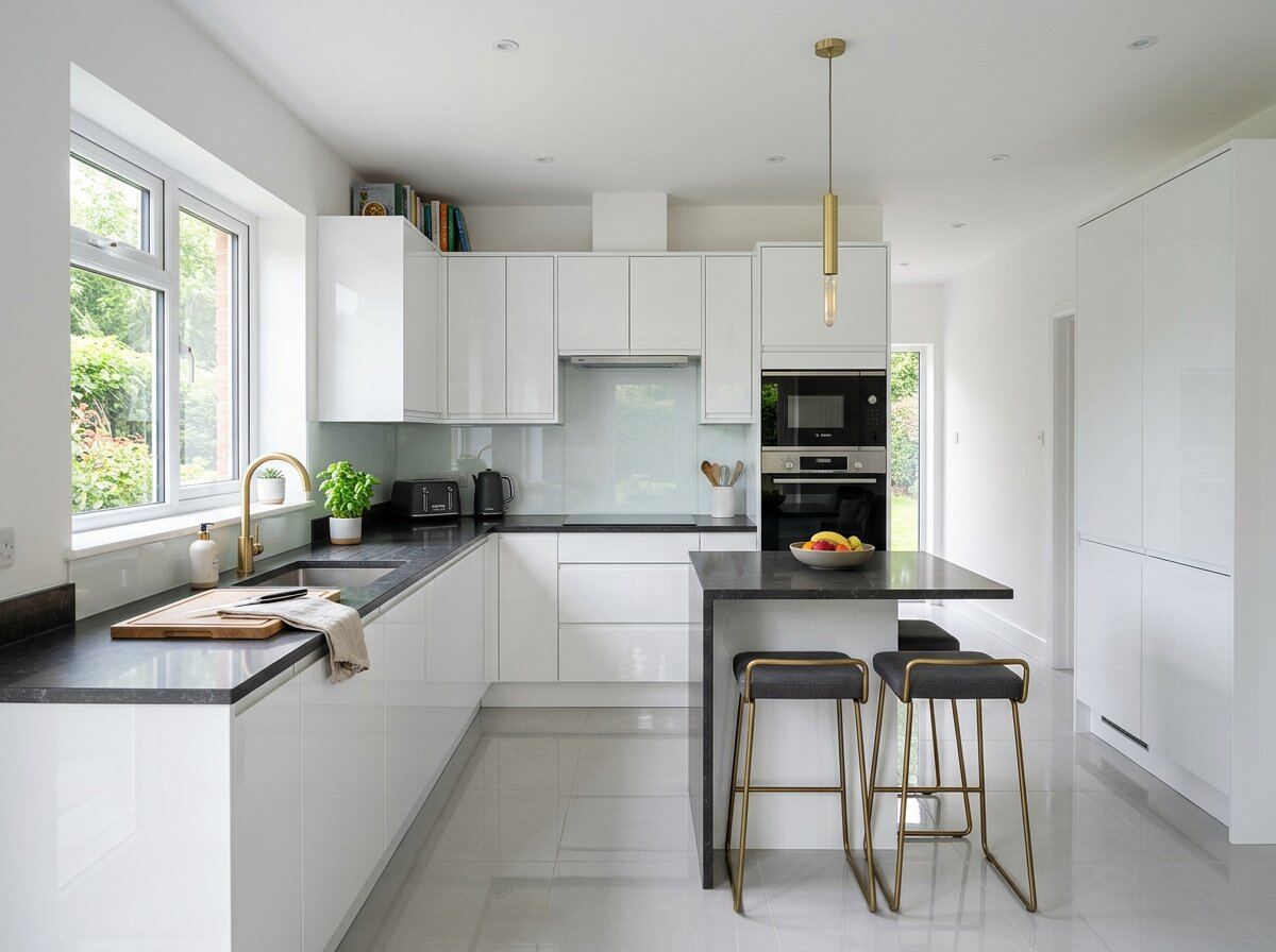 White gloss kitchen with breakfast bar completed by Redefine Interiors in Nairobi