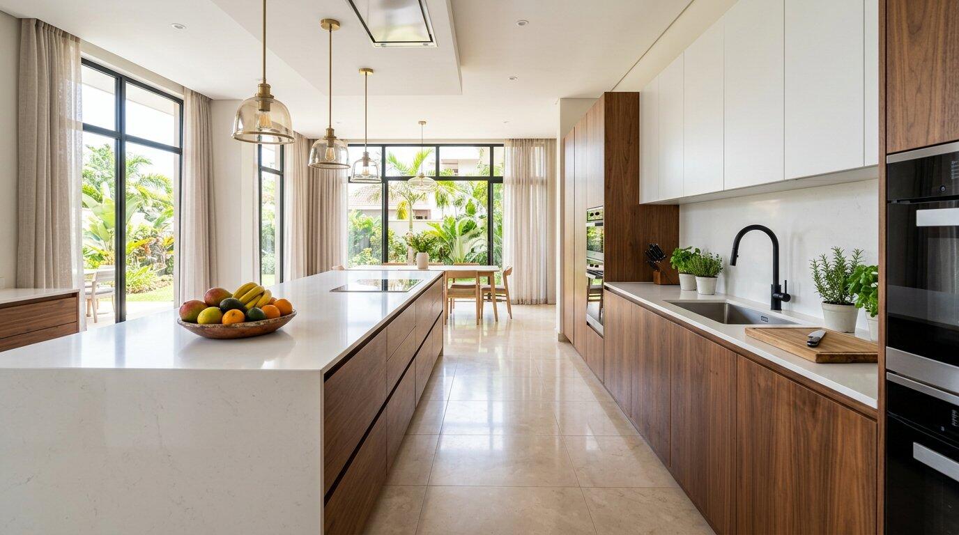 Kitchen cabinets — handleless walnut and matte white with a quartz island, installed in Kilimani, Nairobi