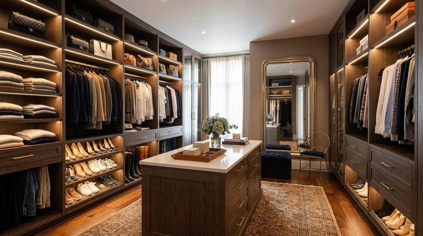 Walk-in wardrobe with lit shelving fitted in Lavington, Nairobi